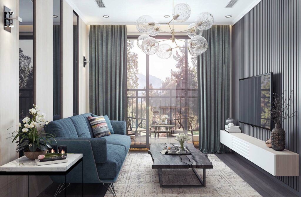 Stylish windows in a bright living room