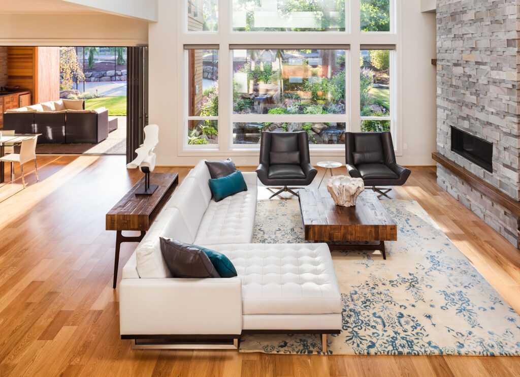 Area rug coordinating with existing living room furniture